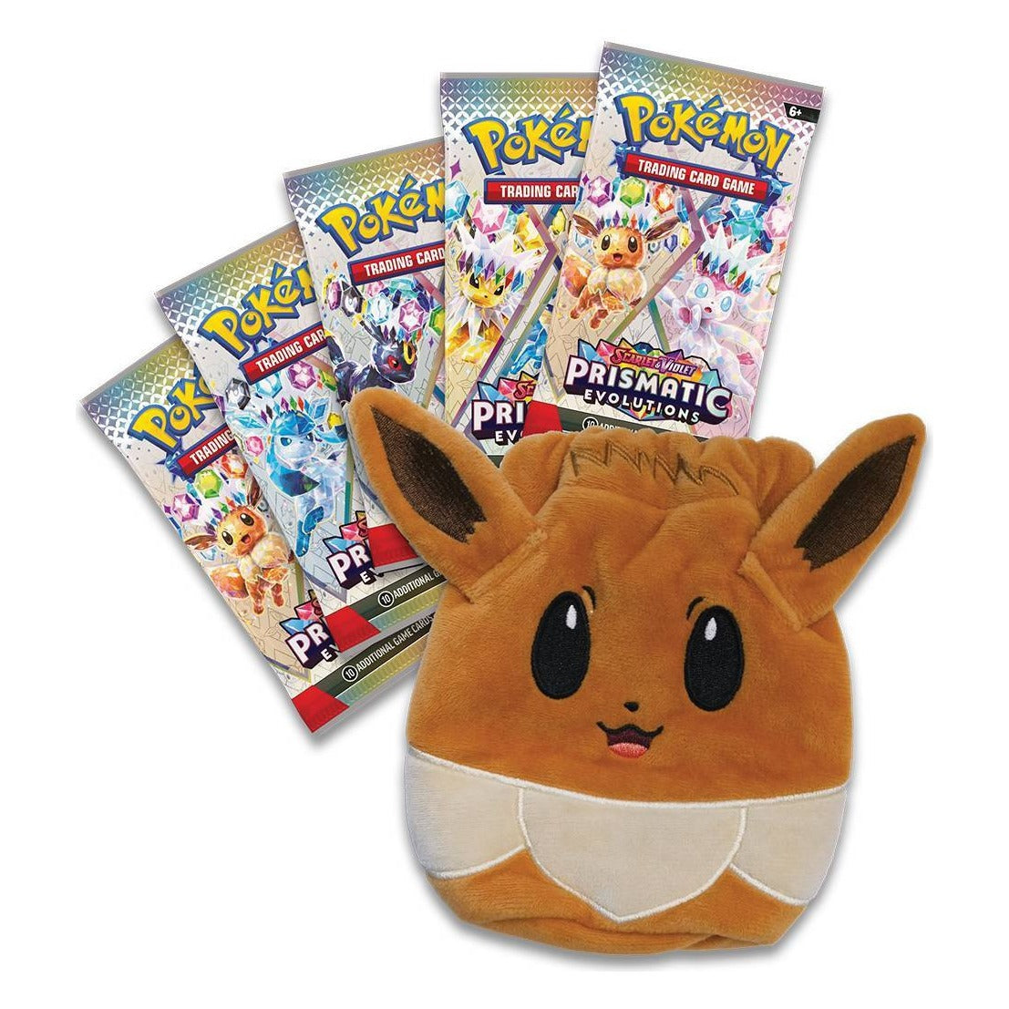 Eevee accessory pouch with 5 Prismatic Evolutions booster packs